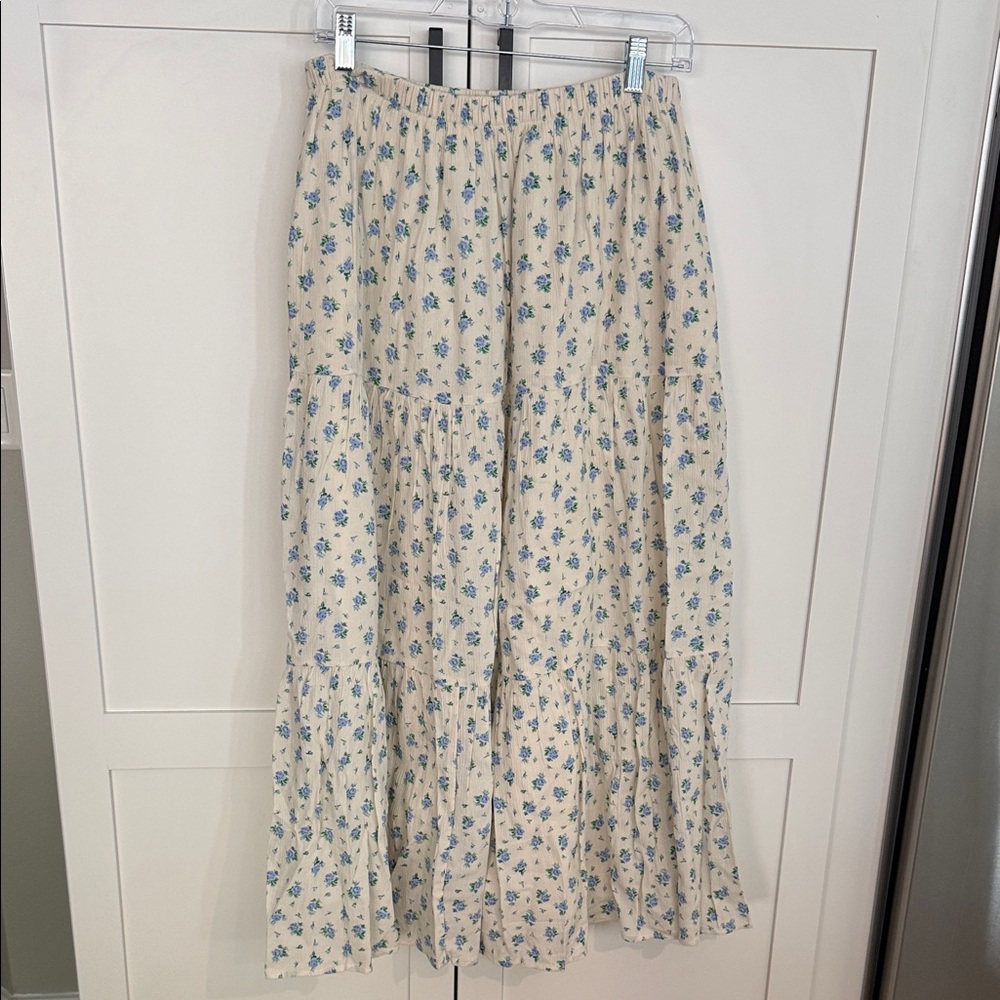aerie Cream Maxi Skirt with Blue Floral Print
